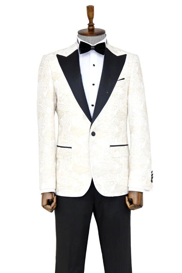 Paisley Peak Lapel White Men Prom Blazer - Wessi