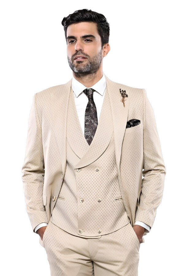 Patterned Beige Vested Suit | Wessi