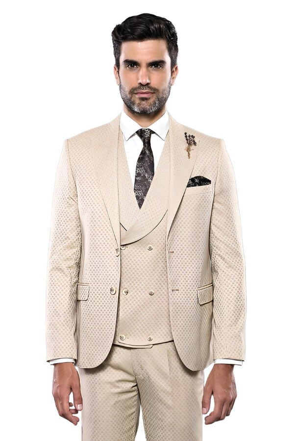 Patterned Beige Vested Suit | Wessi