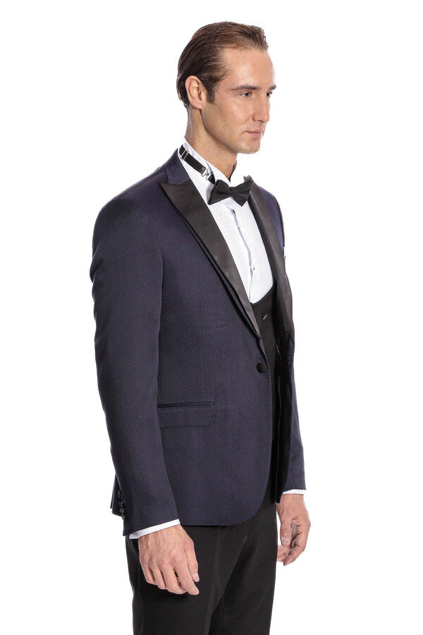 Patterned Combined Navy Blue Men Tuxedo - Wessi