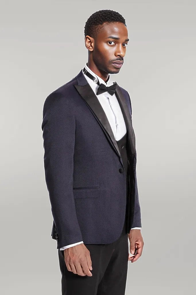 Patterned Combined Navy Blue Men Tuxedo - Wessi