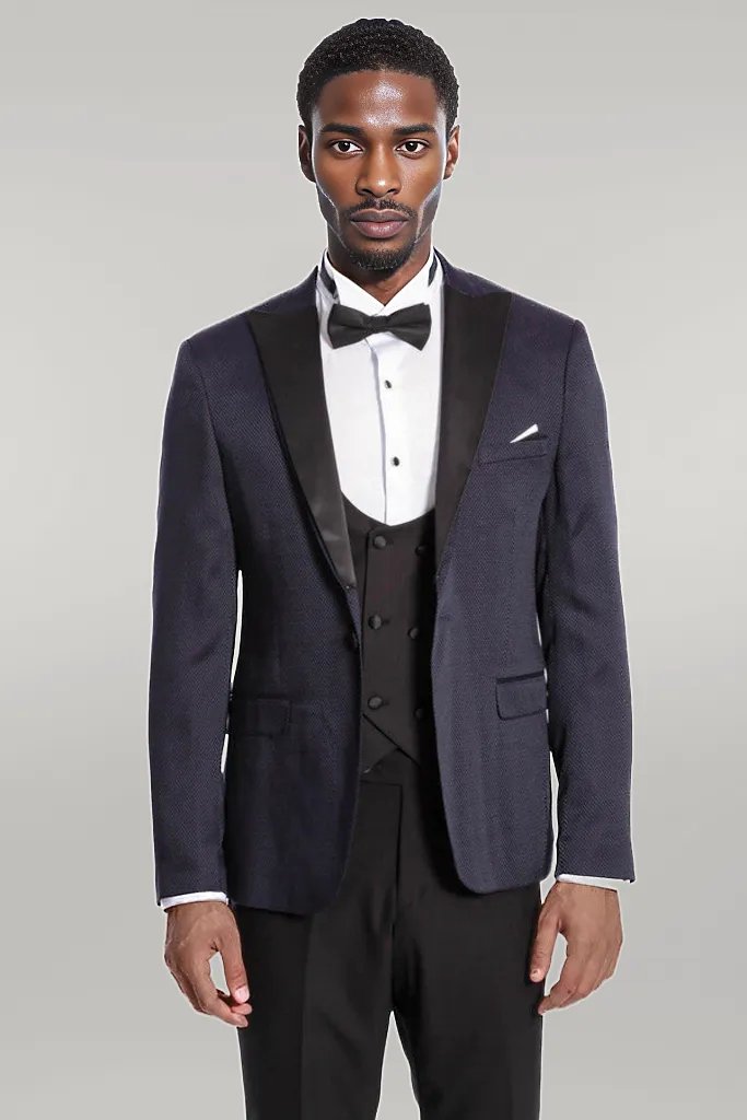 Patterned Combined Navy Blue Men Tuxedo - Wessi