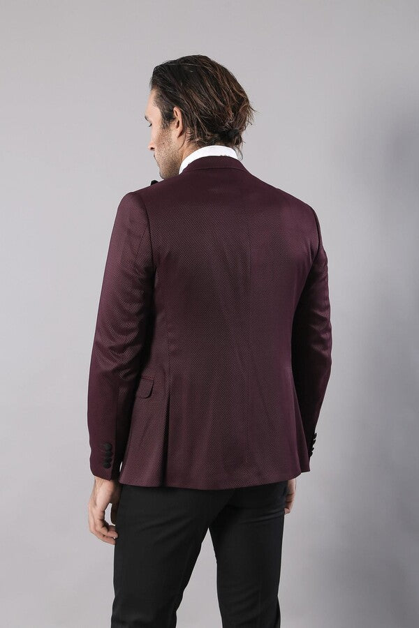 Patterned Blazer Plain Vest and Trousers Claret Red Tuxedo - Wessi