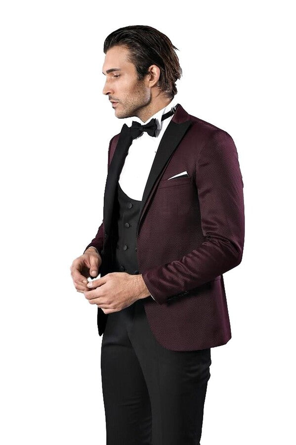 Patterned Blazer Plain Vest and Trousers Claret Red Tuxedo - Wessi