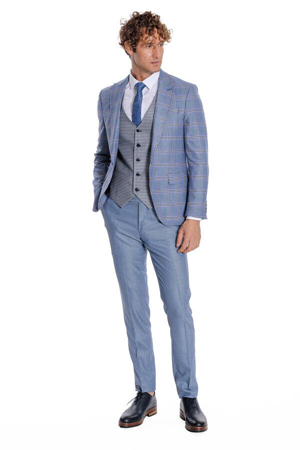 Patterned Checked Slim Fit Blue Men Suit - Wessi