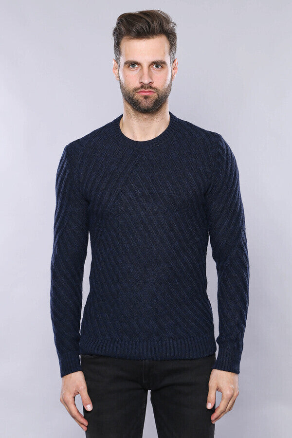 Patterned Circle Neck Navy Sweater | Wessi