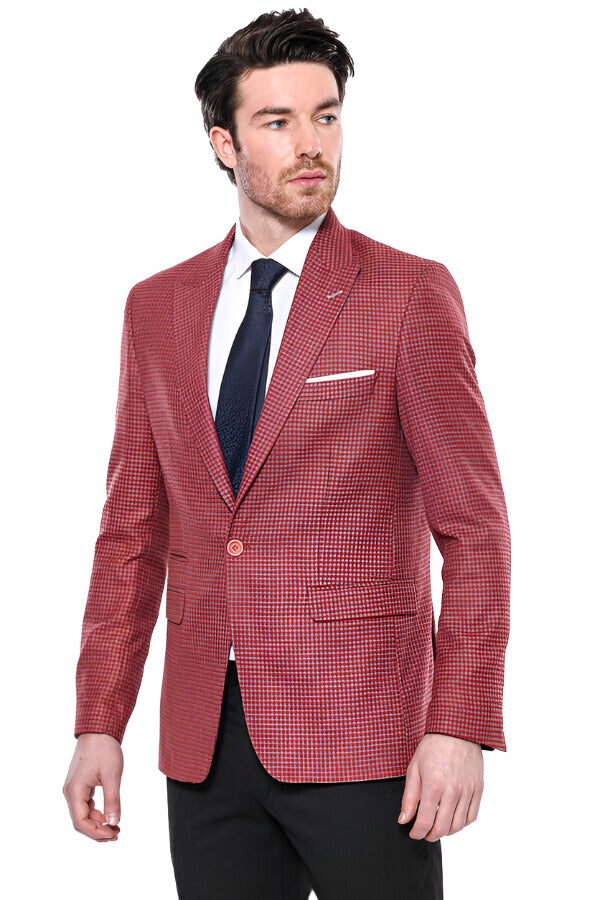 Patterned Claret Red Slim Fit Blazer Wessi