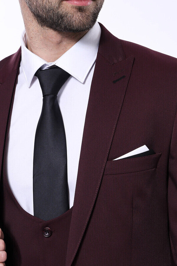 Patterned Claret Red Vested Suit- Wessi