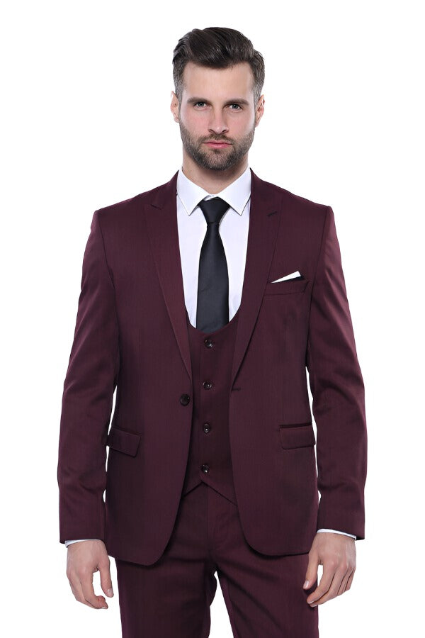 Patterned Claret Red Vested Suit- Wessi