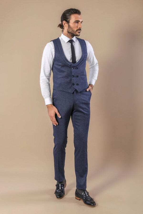 Patterned Double Breasted Blue Vest Trousers Set - Wessi