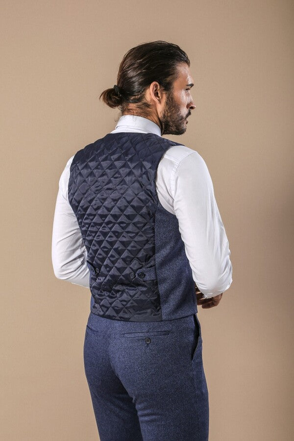 Patterned Double Breasted Blue Vest Trousers Set - Wessi