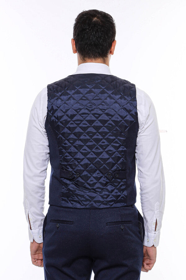 Patterned Double Breasted Dark Navy Men Vest Trousers Set - Wessi