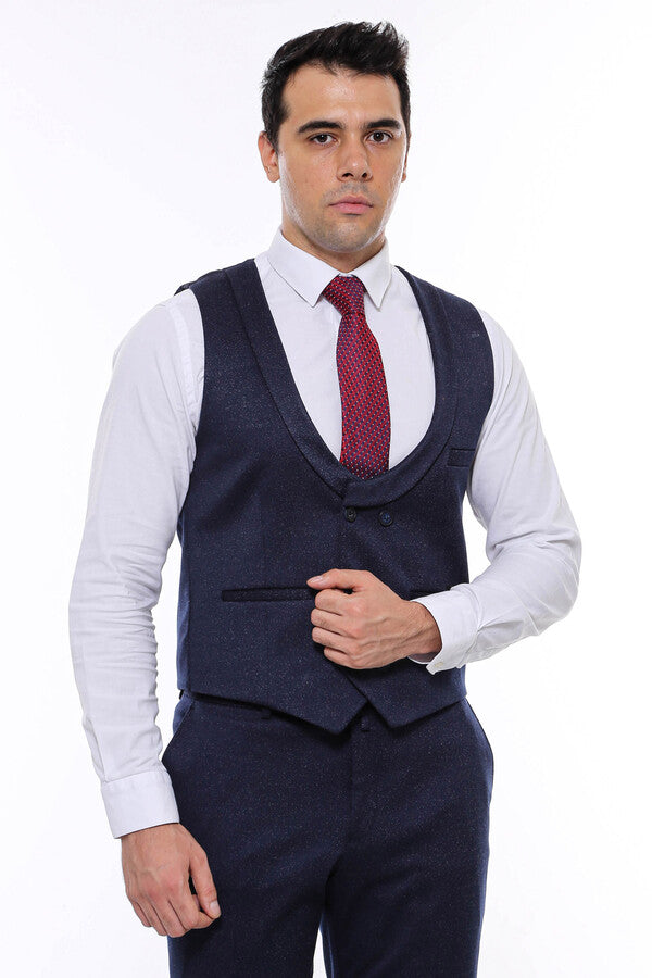 Patterned Double Breasted Dark Navy Men Vest Trousers Set - Wessi