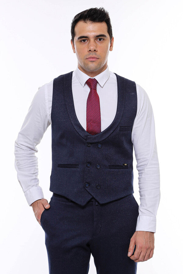 Patterned Double Breasted Dark Navy Men Vest Trousers Set - Wessi