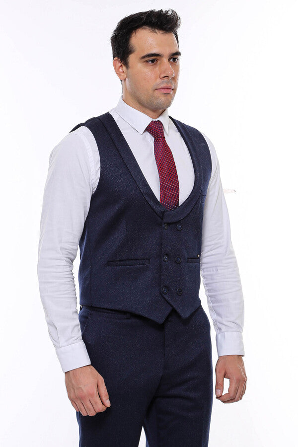 Patterned Double Breasted Dark Navy Men Vest Trousers Set - Wessi