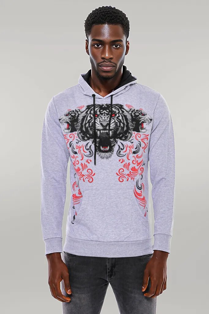 Patterned Hooded Silver Grey Sweatshirt - Wessi