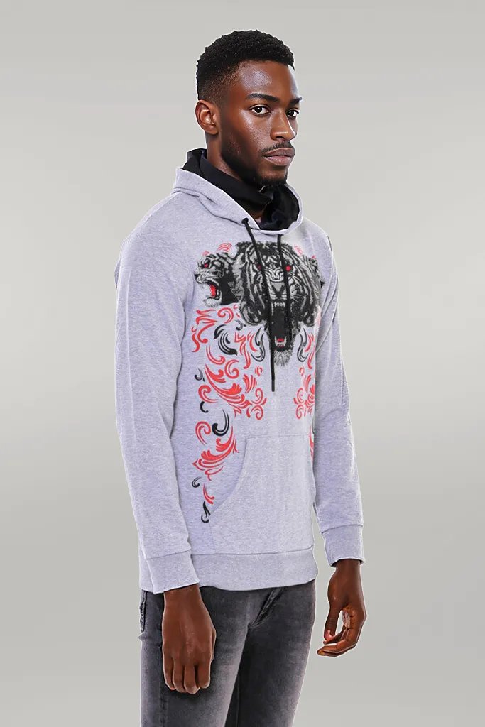 Patterned Hooded Silver Grey Sweatshirt - Wessi