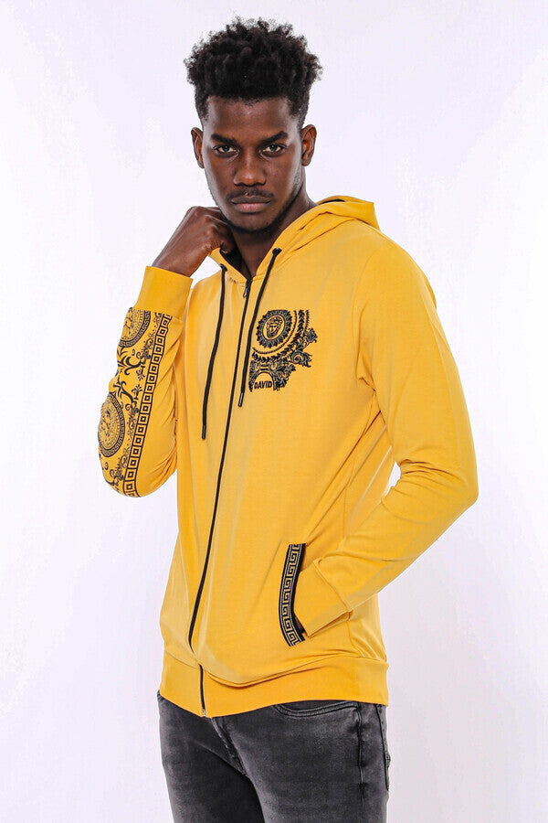 Patterned Hooded Zippered Yellow Sweatshirt Wessi