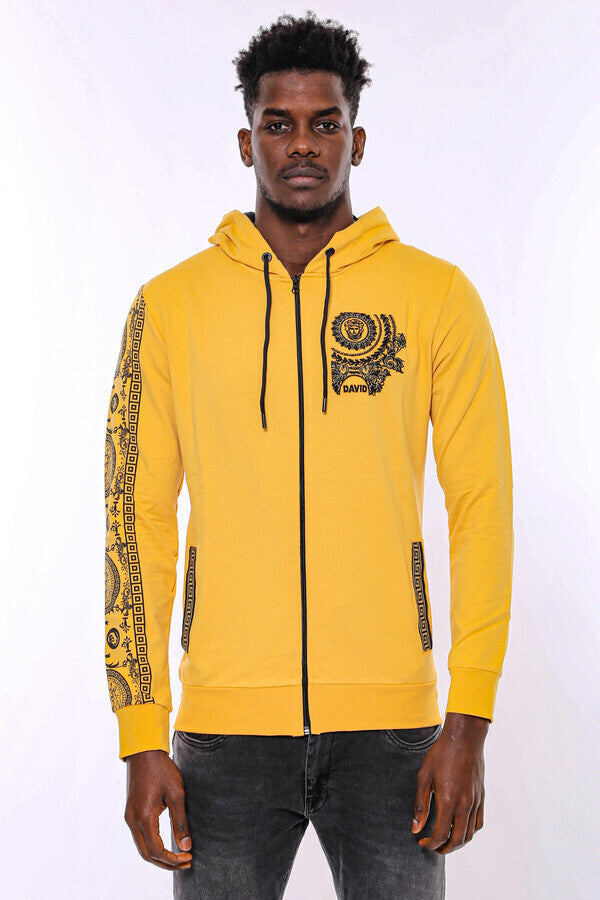 Patterned Hooded Zippered Yellow Sweatshirt - Wessi