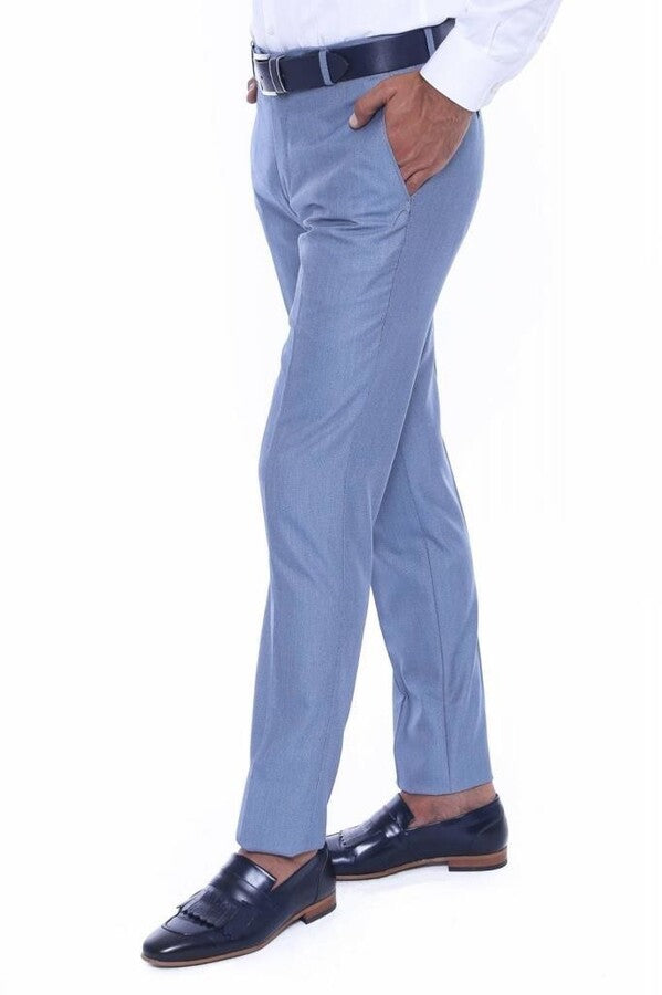 Patterned Light Blue Men Trousers - Wessi