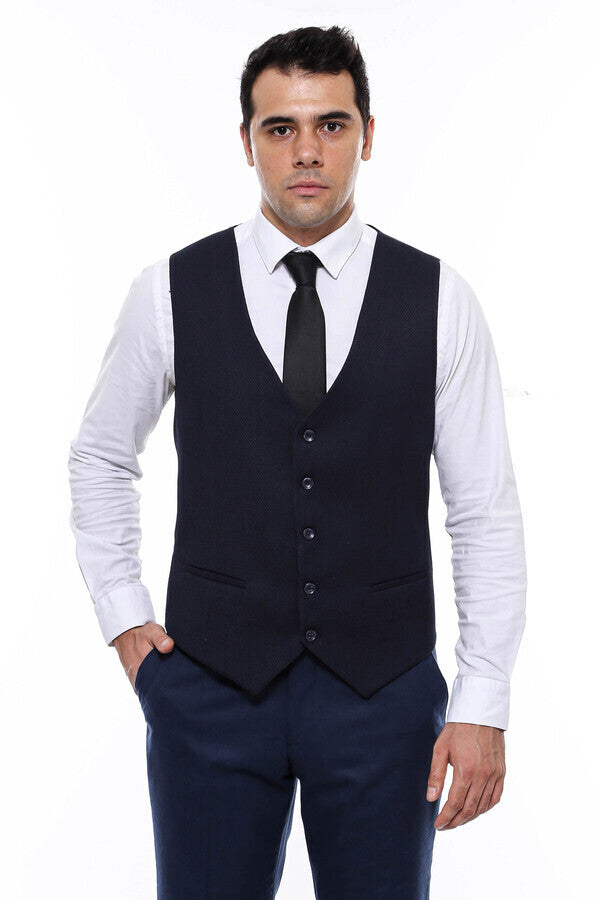 Patterned Navy Blue V Neck Vest - Wessi