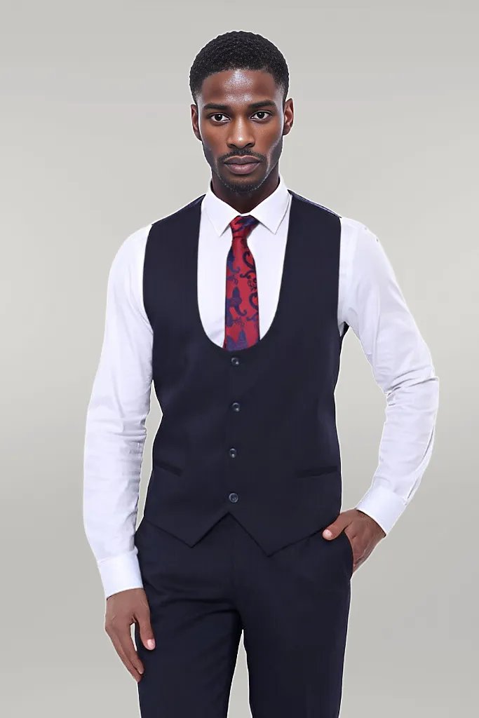 Patterned Navy Blue Vested Suit | Wessi