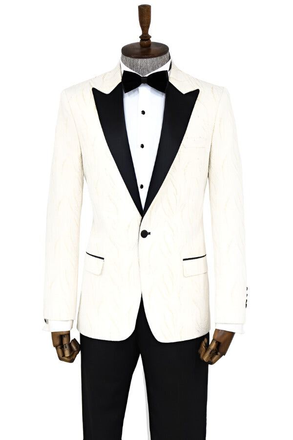 Patterned Shiny White Men Wedding Tuxedo Jacket Wessi