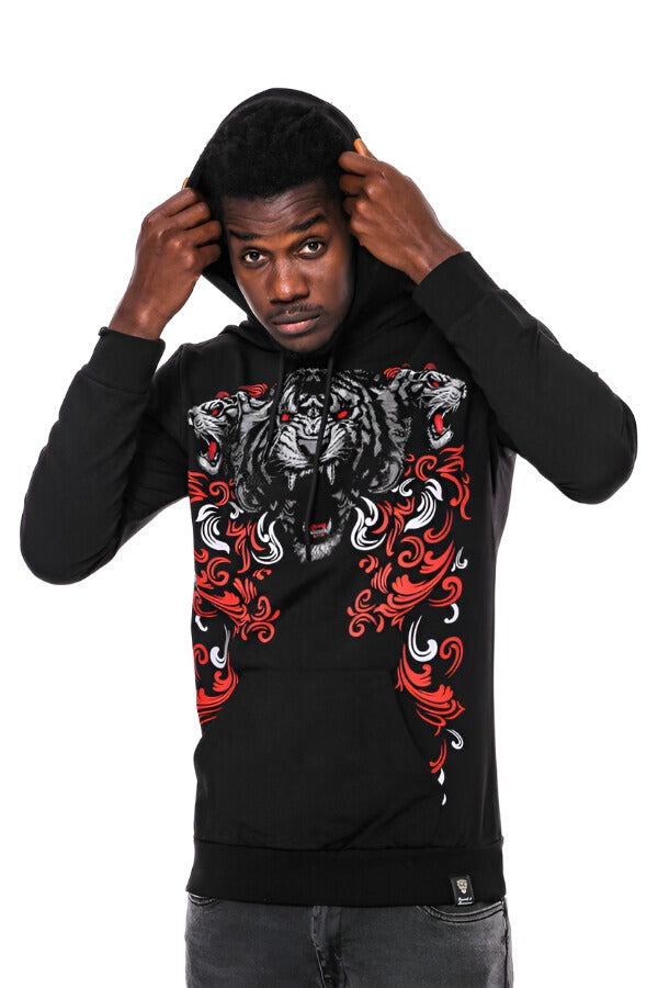 Patterned Slim Fit Black Hooded Sweatshirt - Wessi