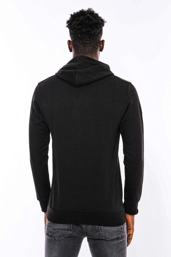 Patterned Slim Fit Black Hooded Sweatshirt - Wessi