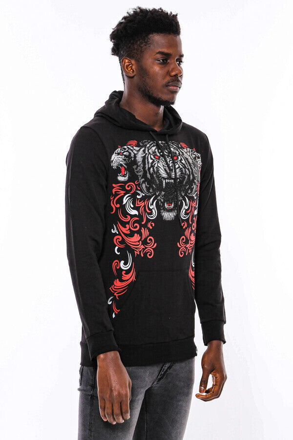 Patterned Slim Fit Black Hooded Sweatshirt - Wessi