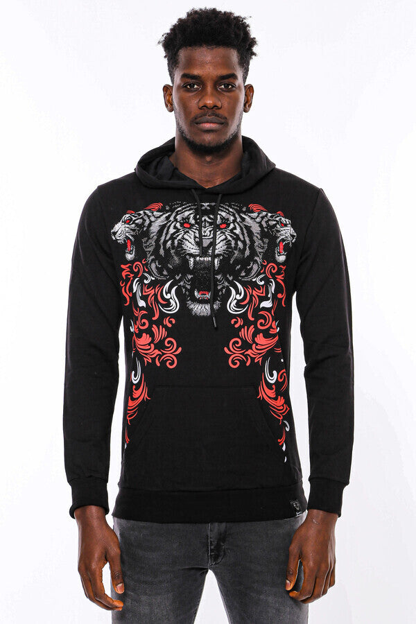 Patterned Slim Fit Black Hooded Sweatshirt Wessi