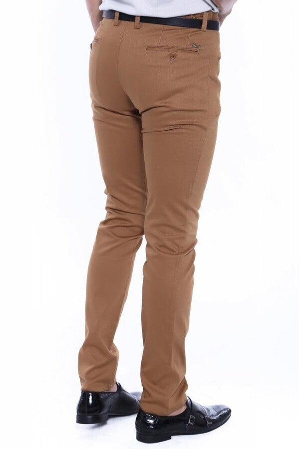 Pantaloni da uomo slim fit in cotone marrone chiaro con fantasia - Wessi