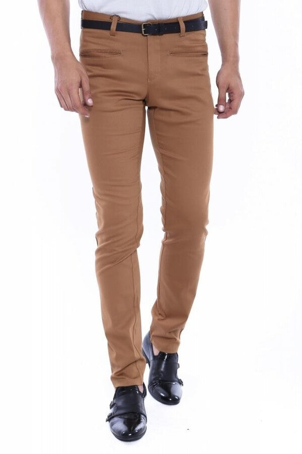Pantaloni da uomo slim fit in cotone marrone chiaro con fantasia - Wessi