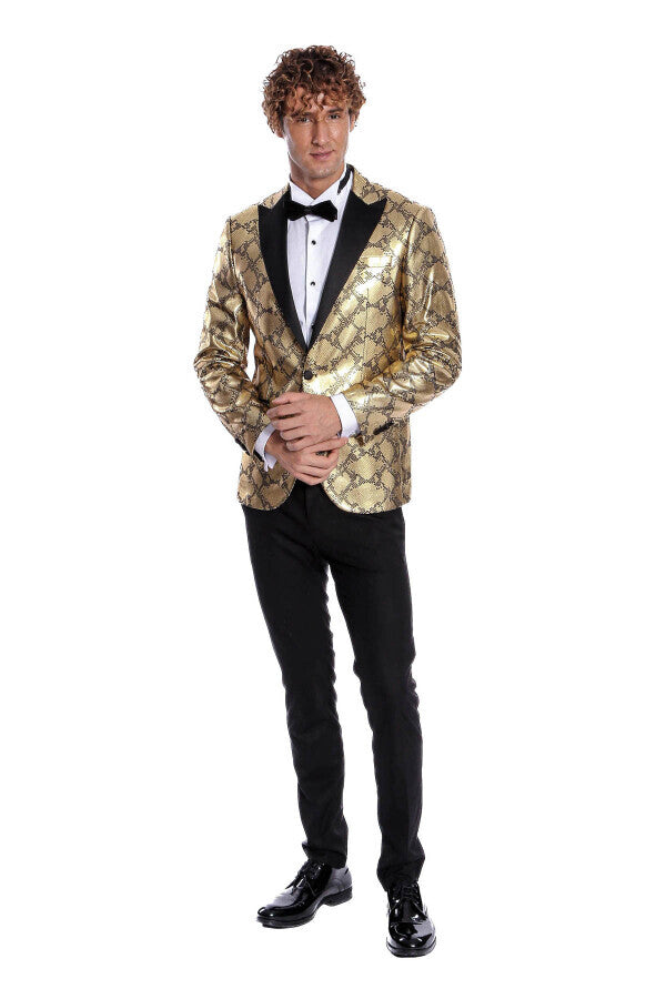 Patterned Slim Fit Gold Men Prom Blazer - Wessi