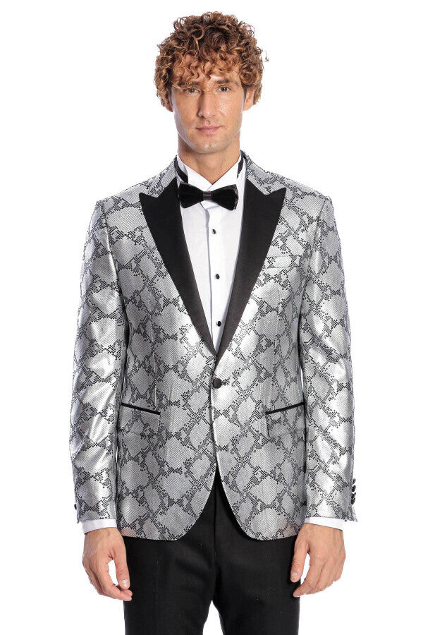 Patterned Slim Fit Grey Men Prom Blazer - Wessi