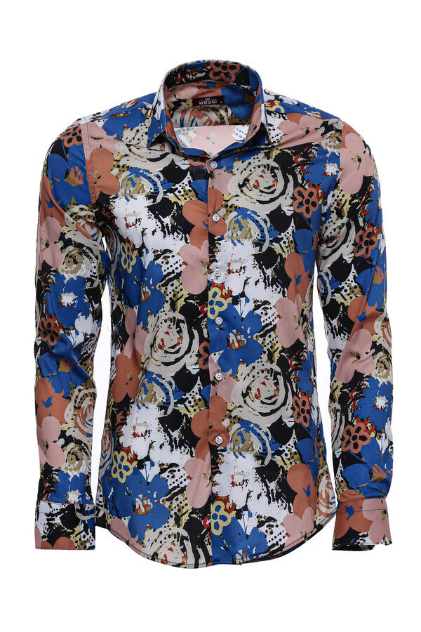 Коричневая мужская рубашка Slim Fit с длинными рукавами с рисунком - Wessi