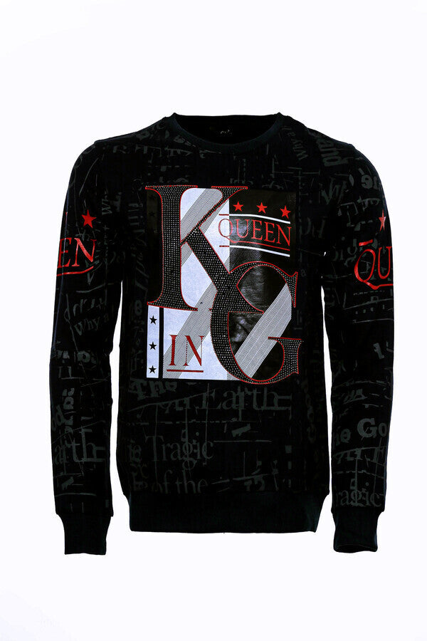 Patterned Slim Fit Men Black Sweatshirt - Wessi