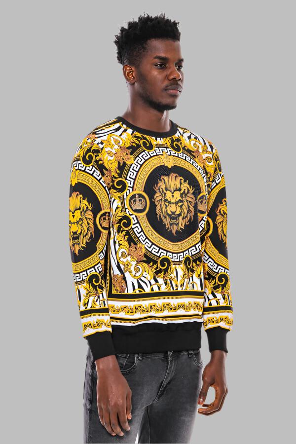 Patterned Slim Fit Yellow Black Men's Sweatshirt - Wessi