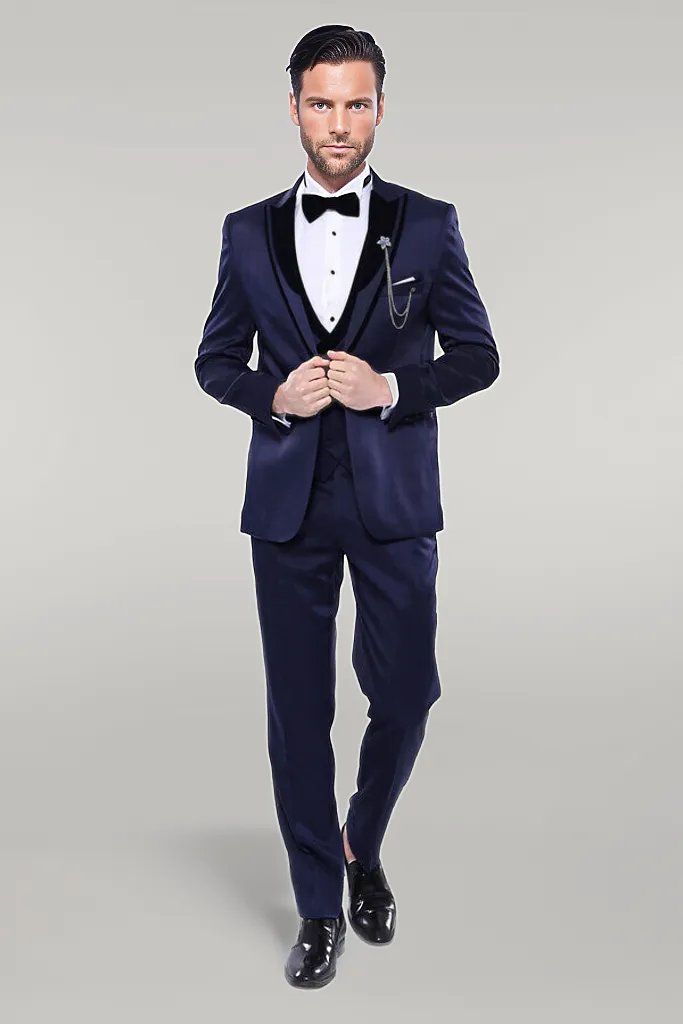 Smoking bleu marine à revers en velours à motifs | Wess