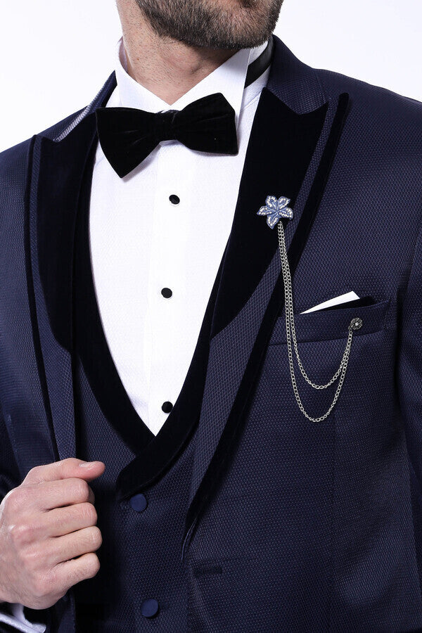 Patterned Velvet Lapel Navy Tuxedo | Wessi