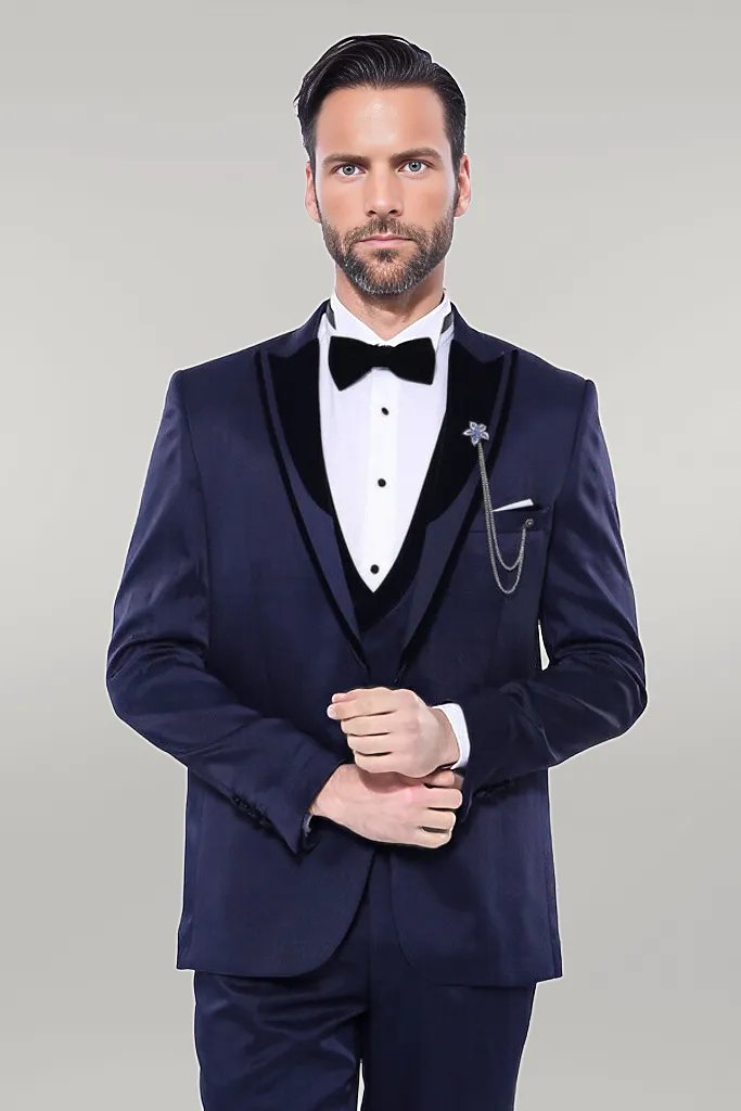 Patterned Velvet Lapel Navy Tuxedo | Wessi