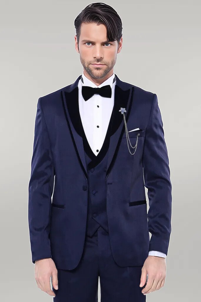 Patterned Velvet Lapel Navy Tuxedo | Wessi