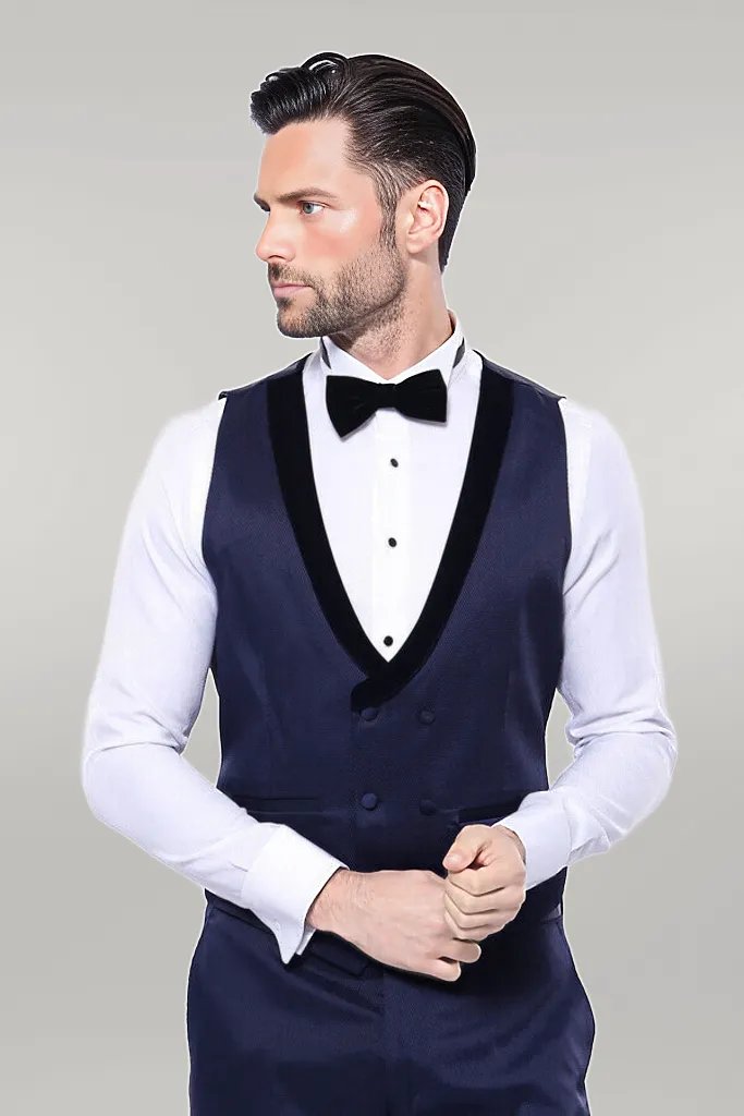 Patterned Velvet Lapel Navy Tuxedo | Wessi