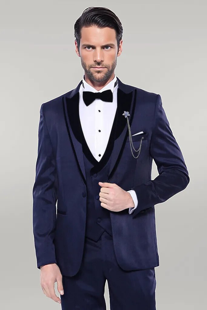 Patterned Velvet Lapel Navy Tuxedo | Wessi