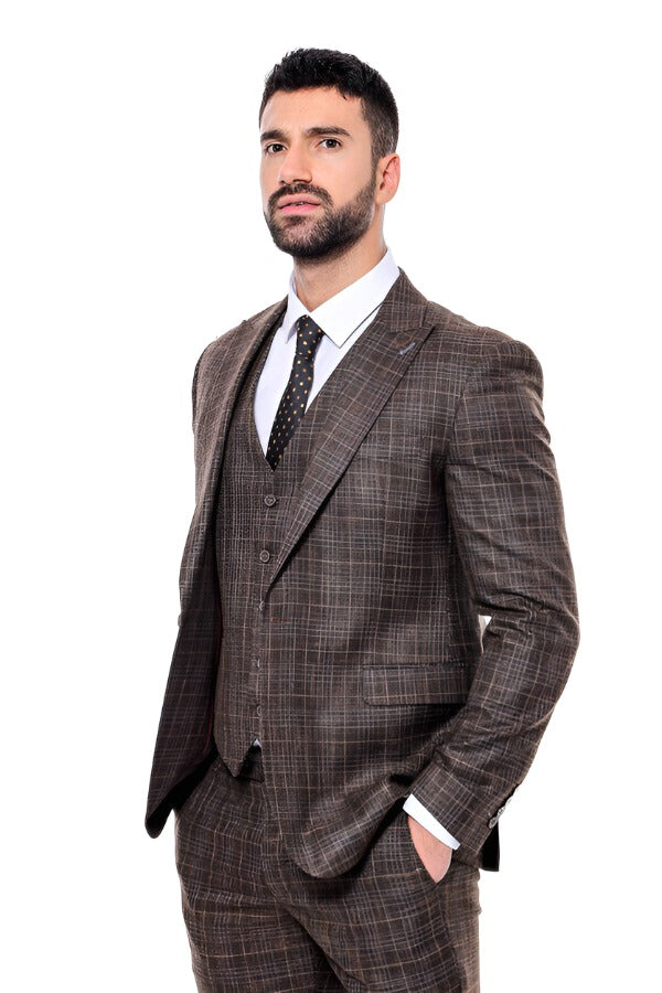 Patterned Vested Brown Slim-Fit Men’s Suit - Wessi