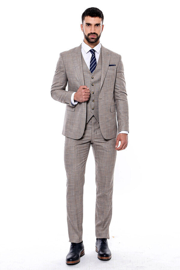 Patterned Vested Slim-Fit Beige Men’s Suit - Wessi
