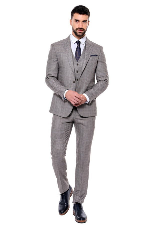Patterned Vested Slim-Fit Brown Men Suit - Wessi