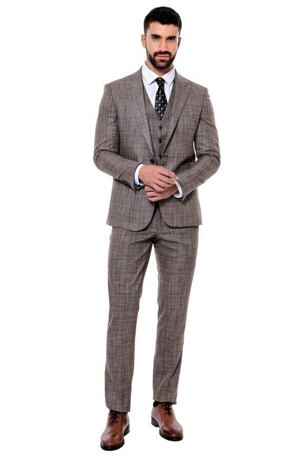 Patterned Vested Slim-Fit Dark Beige Men’s Suit - Wessi