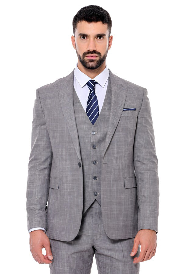 Patterned Vested Slim-Fit Grey Men Suit - Wessi