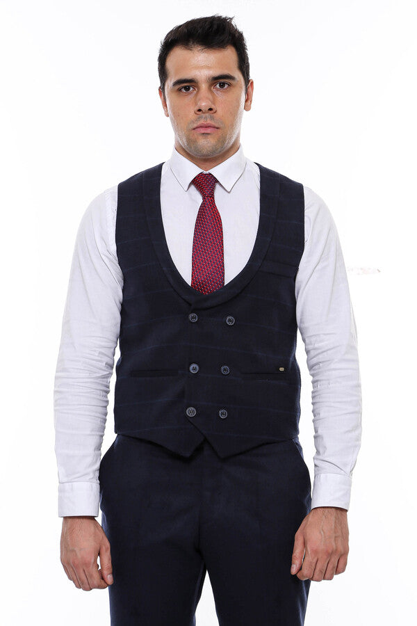 Plaid Collared Double Breasted Navy Blue Men Vest - Wessi